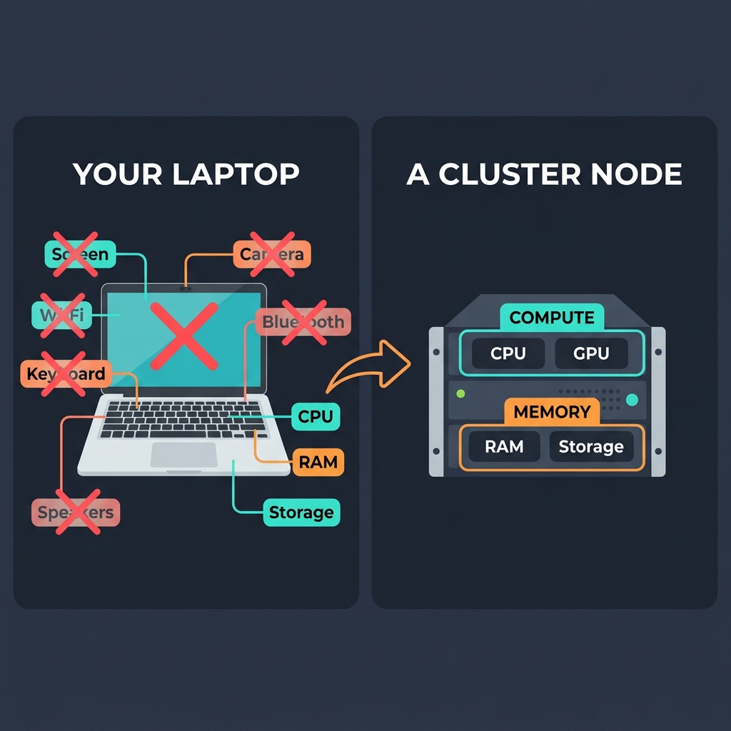 Your laptop has many parts — but a cluster node is stripped down to just Compute (CPU/GPU) and Memory (RAM + Storage)